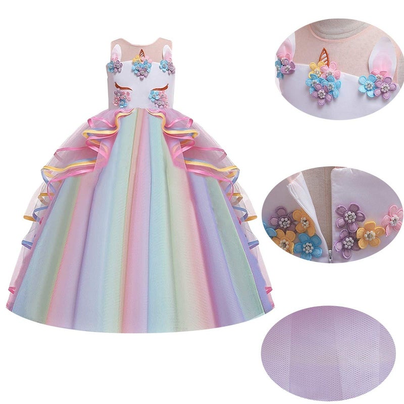 HIHCBF Girls Unicorn Costume Pageant Princess Party Dress Wedding Birthday Christmas Carnival Long Maxi Gown w/Headband Multicolored 8-9T - Image 4